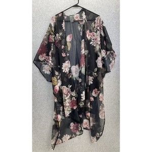 Cyn & Luca Women's Robe Sheer Black Floral Long Coverup Size XS Roses